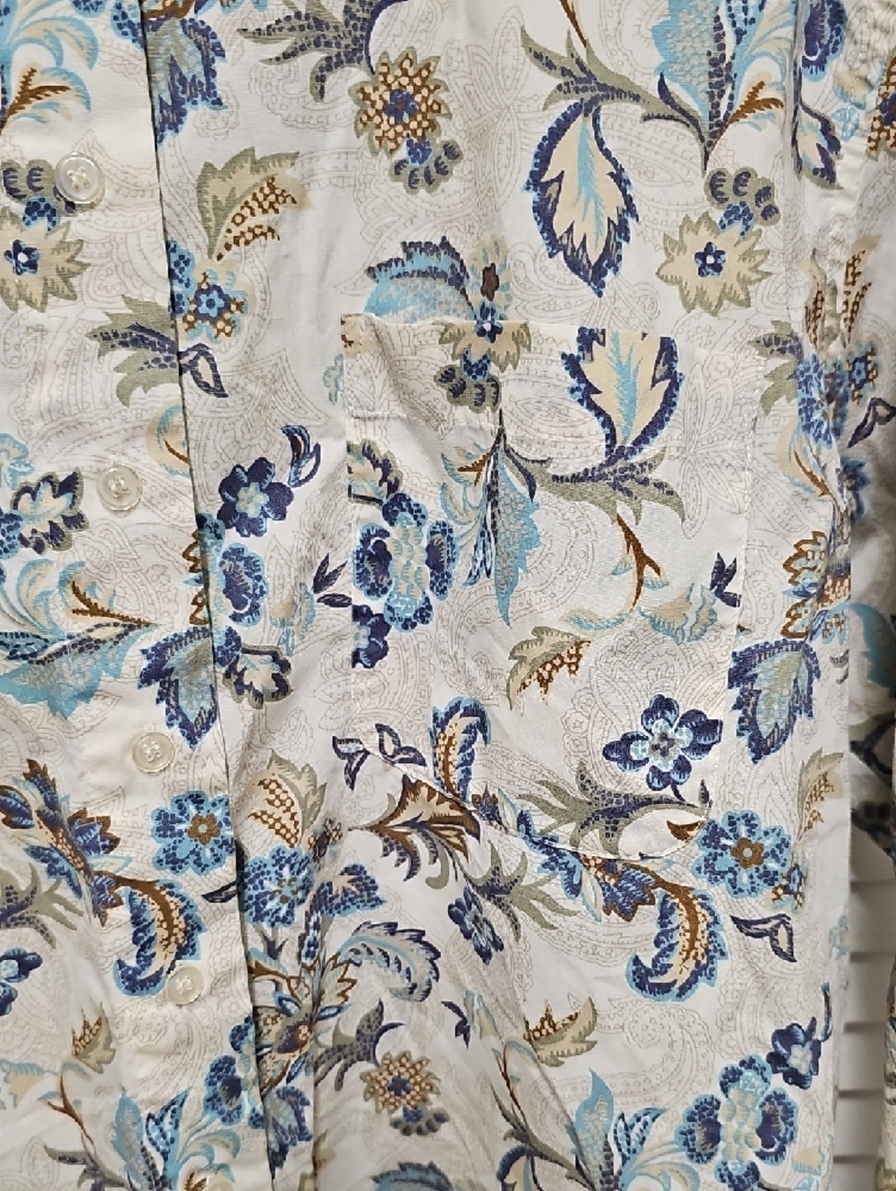 EUC Cabin Creek Cream Long-Sleeve Button-Up with Blue Brown Floral Print Sz L - Picture 5 of 7